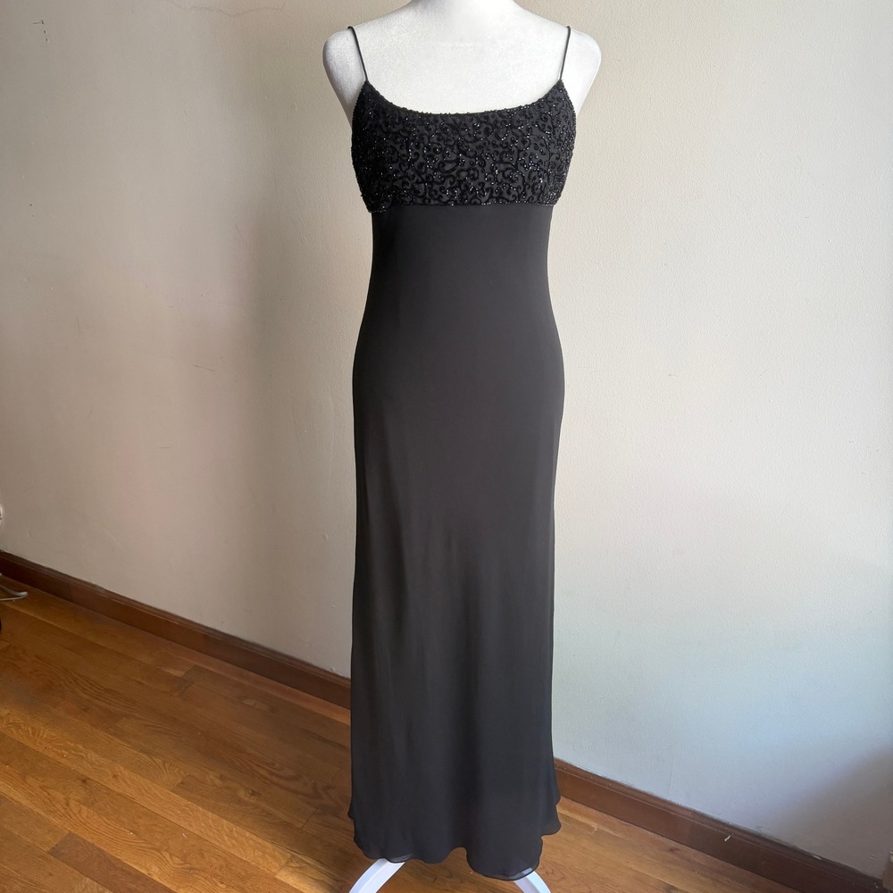 Vintage Y2K Beaded Silk Maxi Formal Dress Ann Taylor Women's 2 Black